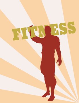 Muscular man holding fitness word. Vector silhouette. Bodybuilding relative image