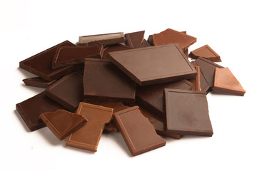 Pile of broken chocolate bars in many colors and flavors