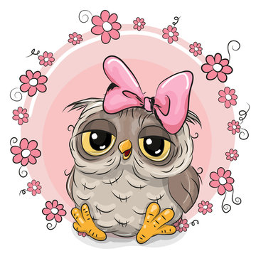 Greeting card owl with flowers