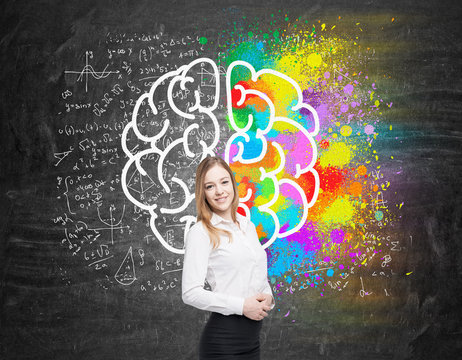 Girl with blond hair near blackboard with brain icon