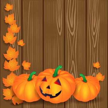 Halloween illustration with pumpkins and leaves on wooden backgr