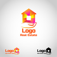 Bright real estate agency logo template with house in palm. Vector