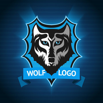 Vector wolf logo, badge template for sport teams, business etc. On dark blue background.