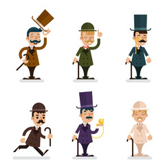Victorian Gentleman Characters Icons Set Isolated Flat Design Vector Illustration