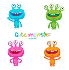 Cute Colorful Monsters Vector Set. Luck Cartoon Mascot Illustration. Vector Funny Fantastic Space Alien On A White Background. Small Alien Creature.