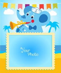 Cute Summer Vector Frame. Cartoon Elephant Vector Illustration. Vacation Theme. Decorative Cartoon Template For Baby Family Or Memories.