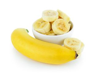 slice bananas in wood bowl on the white background