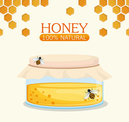 Honeycomb jar and bees icon. Honey healthy and organic food theme. Colorful design. Vector illustration