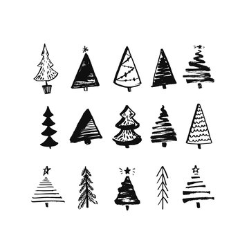 Hand drawn christmas tree. Set of sketched illustrations of firs. Black ink and brush sketches of spruce for cards and package design. Vector elements.