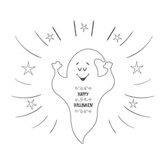 Funny ghost flying. Halloween card. Hand Drawn design element