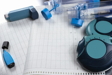Asthma relief concept, salbutamol inhalers, medication and paper