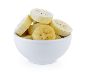 slice banana in bowl on white background