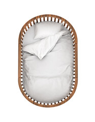 Cots oval, bed linen white, view from the top. 3d illustration
