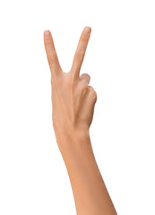 Isolated Empty open woman female hand in position of Peace Sign on a white background