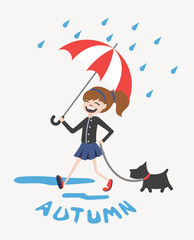 Happy autumn girl with umbrella and dog vector