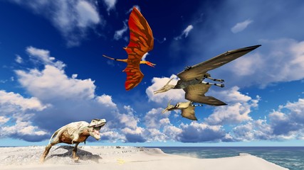 Dinosaurs living on the beach 3d illustration