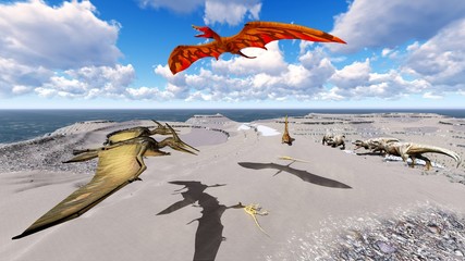 Dinosaurs living on the beach 3d illustration