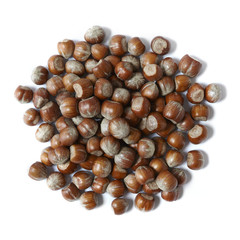 Aerial view of a pile of whole hazelnuts isolated on a white background