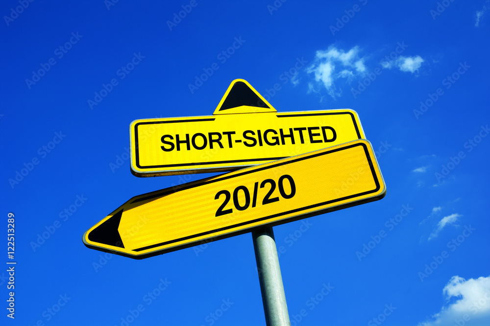 Wall mural short-sighted vs 20/20 - traffic sign with two options - perfect eye vision or near-sightedness. no 