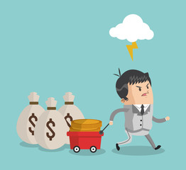 Businessman cartoon money bags and cart icon. Business strategy solution and work theme. Colorful design. Vector illustration