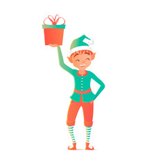 Little elf standing and holding gift. Christmas illustration. Vector design template.