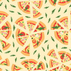 Seamless pattern with assorted pizza slices. Vector illustration. Repeating background. Сartoon style