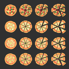 Set with different varieties of pizza. Cut slices. Margherita, shrimp, bacon, onion, tomatoes. Top view. Vector illustration. Cartoon stylized
