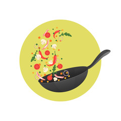 Cooking process vector illustration. Flipping Asian food in a pan. Cartoon style