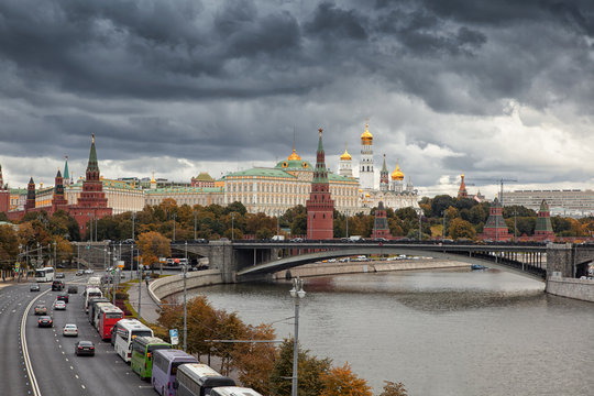 View of the Moscow Kremlin in the autumn. Beautiful cityscape wi