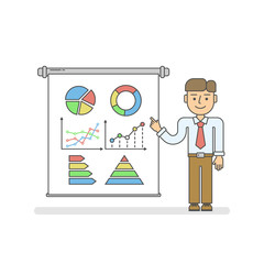 Business presentation concept. Isolated cartoon man with chart board on white background. Smiling businessman pointing at board. Idea of analyst, speaker or lecturer.