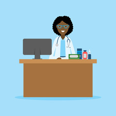 Doctor in the cabinet. Funny smiling female african american doctor sitting in the medical cabinet. Medical treatment, first aid.