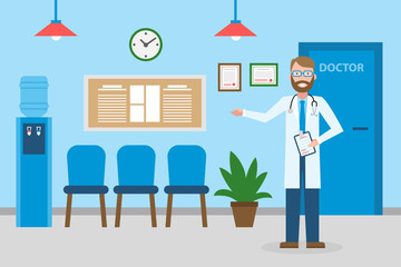 Doctor in waiting room. Handsome smiling man in white standing in waiting room. Hospital interior with chairs and health care information.