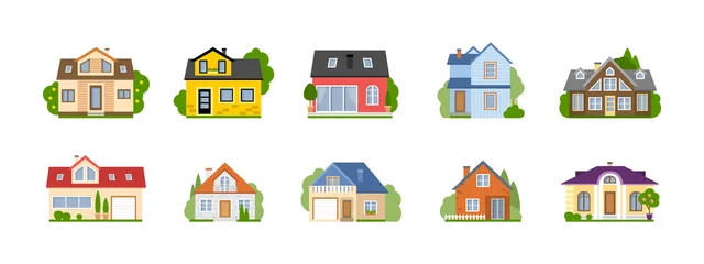 Deurstickers Isolated cartoon houses set. Simple suburban houses. Concept of real estate, property and ownership. © inspiring.team