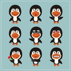 Vector set funny penguin in cartoon style. Collection isolated penguin.