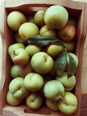 Ripe plums in a wood box from overhead