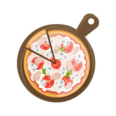 Isolated pizza on wooden board on white background. Tasty and fresh italian fast food. Pizza with tomatoes, cheese, ham and herbs.