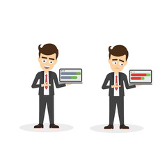 Businessman with statistics. Happy and sad businessman holding boards and comparing data.