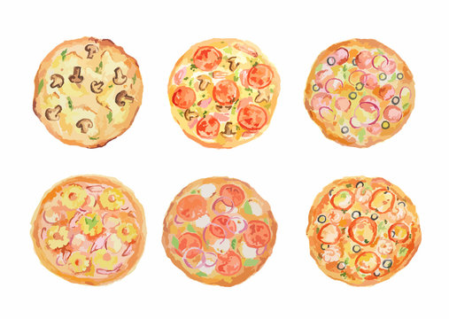 Watercolor pizza set on white background. Fresh and hot italian snack.
