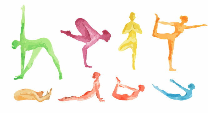 Watercolor yoga set on white background. Yoga poses, asana. Healthy lifestyle and relaxation.