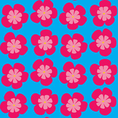 Pink flowers on a blue background. Vector seamless illustration