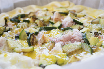quiche with filling of vegetables and steak ham