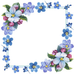Fototapeta na wymiar Wildflower myosotis flower frame in a watercolor style isolated. Full name of the plant: forgetmenot, myosotis. Aquarelle flower could be used for background, texture, pattern, frame or border.