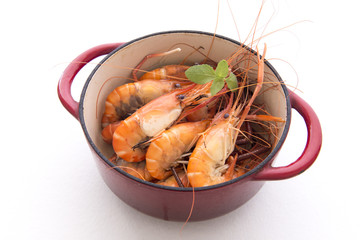 Pot of cooked prawns