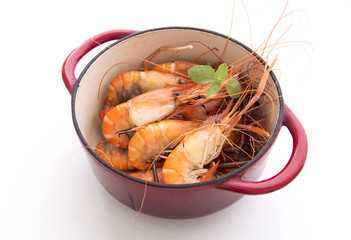 Pot of cooked prawns