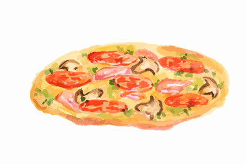 Isolated watercolor pizza on white background. Tasty italian snack or street food. Italian cuisine.