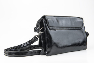 Naklejka premium back view of purse black leather isolated on white background