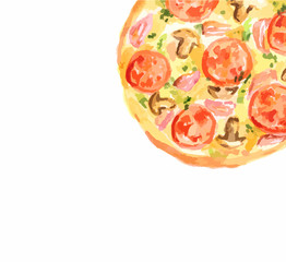 Isolated watercolor pizza on white background. Tasty italian snack or street food. Italian cuisine.