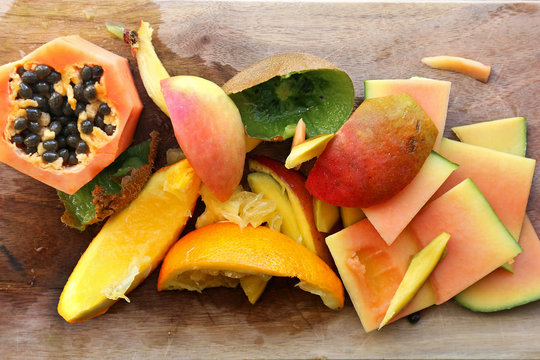 Pile Of Fruit Skinds And Scraps For Compost In Garden