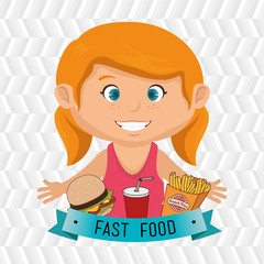 child cartoon girl fast food vector illustration