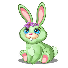 Cute green bunny with flowers and blue eyes